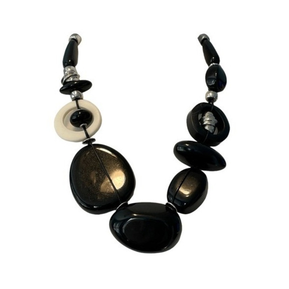 Chico's Statement Necklace Black Cream Silver Large Stones Rock Plastic‎ Beads